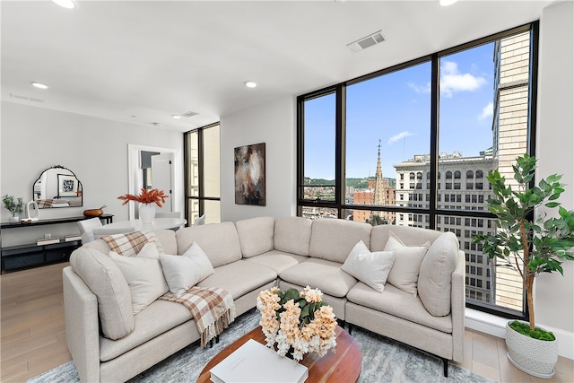 living room with expansive windows and wood-type flooring