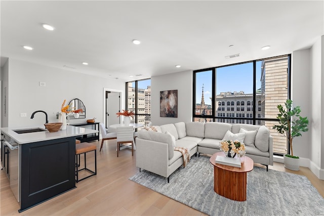 living room with light hardwood / wood-style flooring, expansive windows, and sink