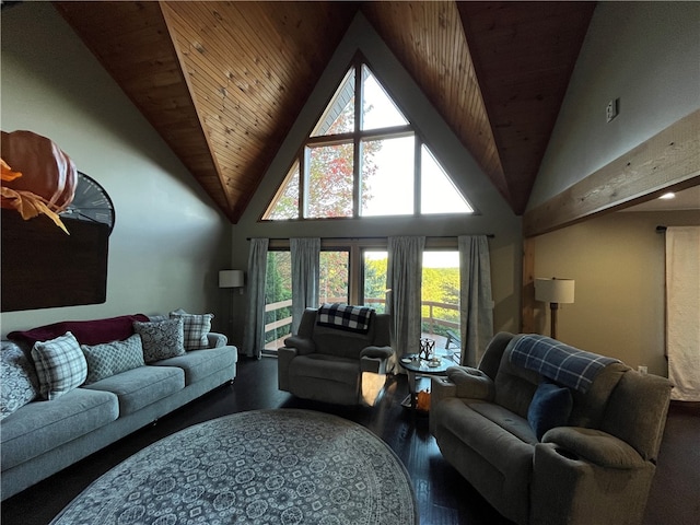 living room with high vaulted ceiling, hardwood / wood-style flooring, and wooden ceiling