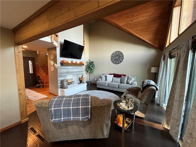 living room with lofted ceiling, hardwood / wood-style flooring, and wood ceiling