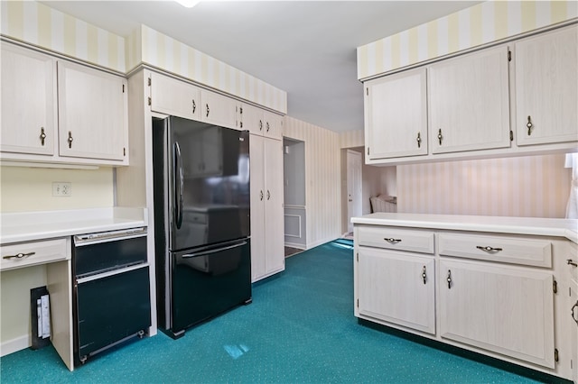 kitchen with dark carpet and black refrigerator