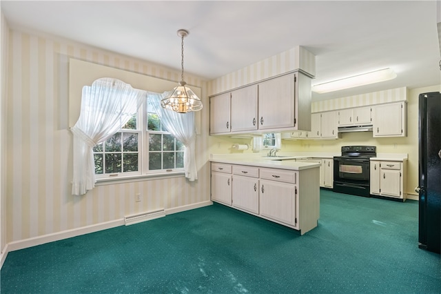 kitchen with a notable chandelier, black appliances, a baseboard radiator, hanging light fixtures, and dark colored carpet