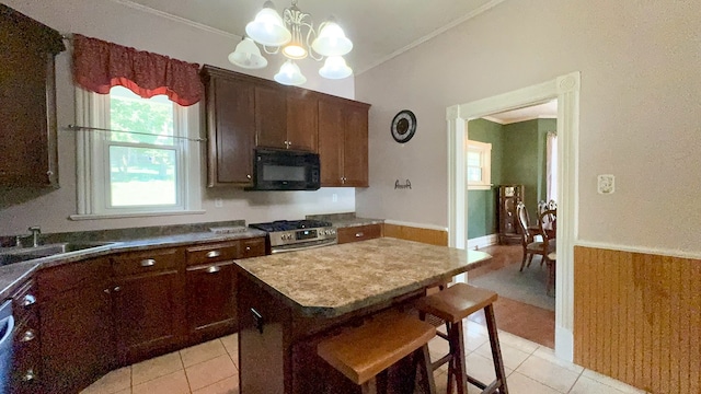 kitchen with crown molding, sink, a chandelier, a center island, and stainless steel stove