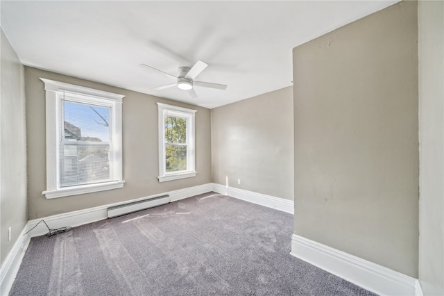 empty room with a baseboard radiator, ceiling fan, and carpet flooring