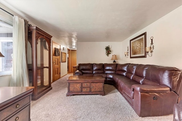 living room featuring a wealth of natural light and light carpet