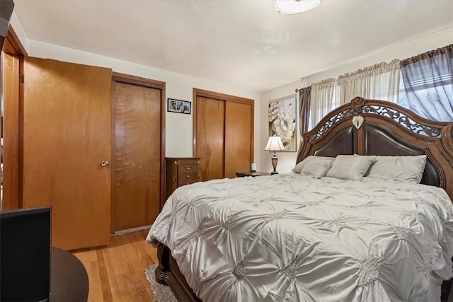 bedroom with two closets and light hardwood / wood-style floors