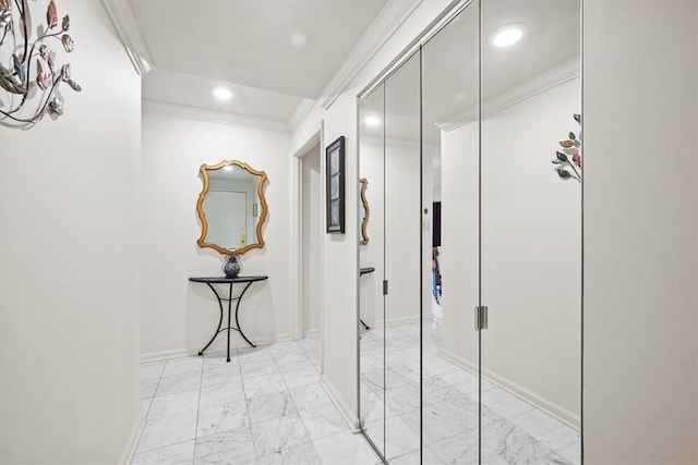 1500 Cochran Rd Unit 712, Scott Twp Sal, PA 15243 - hall with ornamental molding, recessed lighting, marble finish floor, and baseboards