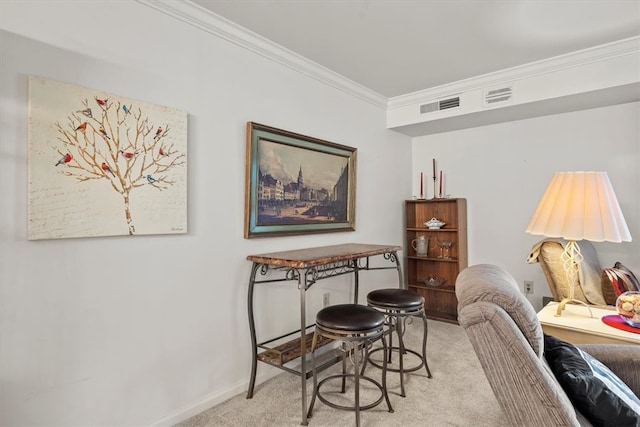 interior space with light colored carpet and ornamental molding