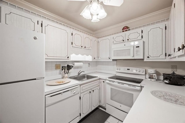 1500 Cochran Rd Unit 712, Scott Twp Sal, PA 15243 - kitchen with a sink, white appliances, crown molding, a ceiling fan, and light countertops