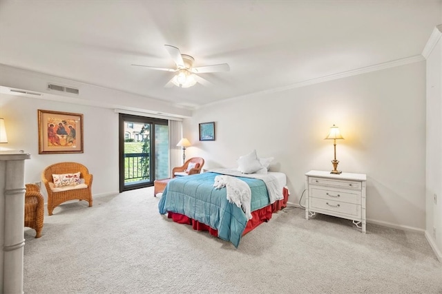 bedroom featuring light carpet, ornamental molding, access to outside, and ceiling fan