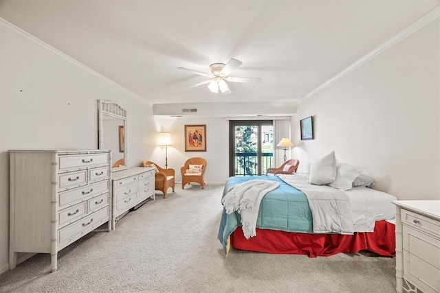 bedroom featuring crown molding, ceiling fan, light carpet, and access to outside