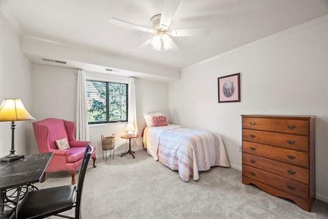 bedroom featuring light colored carpet, ceiling fan, and ornamental molding