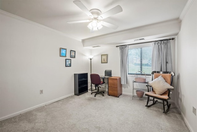 carpeted office featuring ceiling fan and ornamental molding