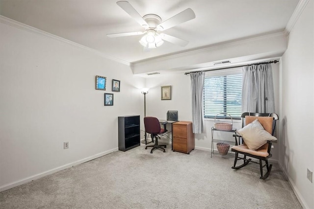 1500 Cochran Rd Unit 712, Scott Twp Sal, PA 15243 - carpeted office space featuring visible vents, ceiling fan, crown molding, and baseboards