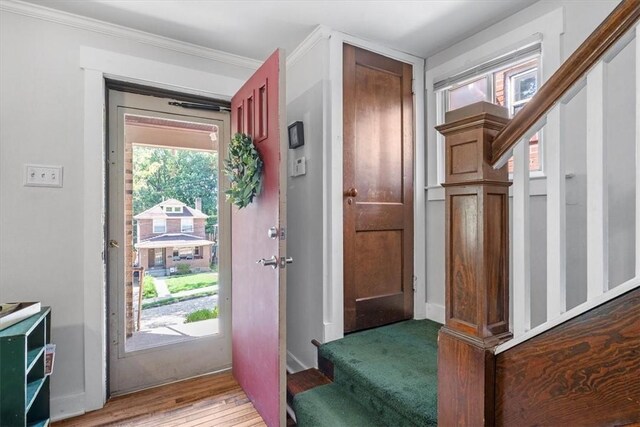 entrance foyer featuring ornamental molding and hardwood / wood-style floors