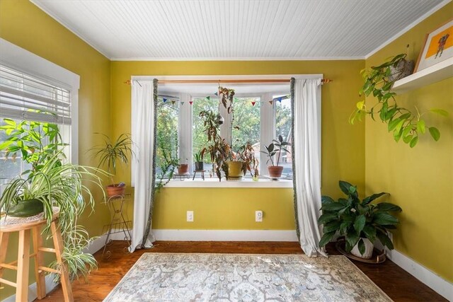 interior space featuring hardwood / wood-style floors, plenty of natural light, and ornamental molding