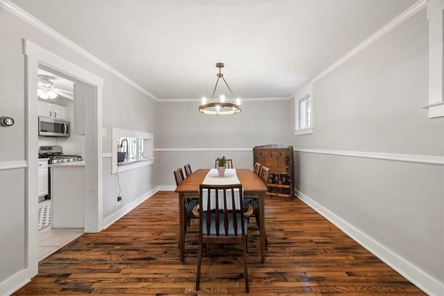 dining area with ceiling fan with notable chandelier, dark hardwood / wood-style floors, and crown molding