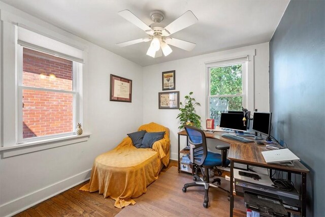 home office with hardwood / wood-style flooring and ceiling fan