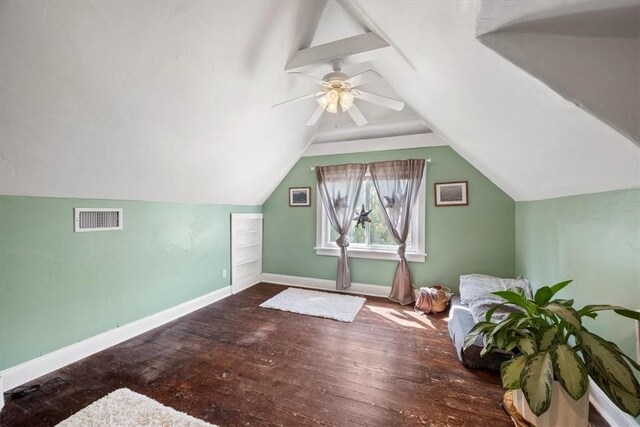 additional living space with lofted ceiling, ceiling fan, and hardwood / wood-style flooring