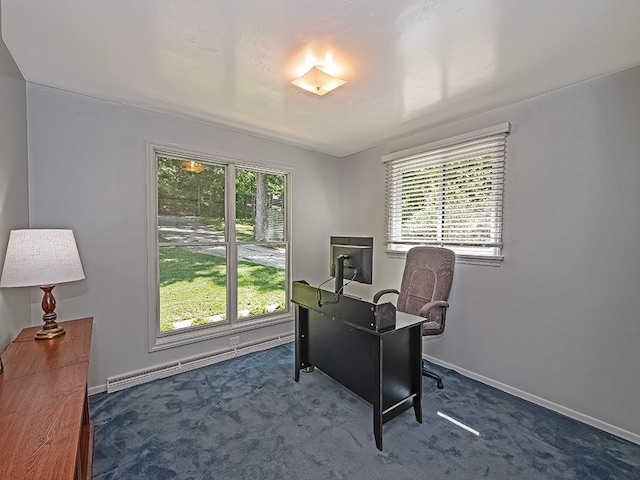 carpeted office with a baseboard heating unit and a healthy amount of sunlight