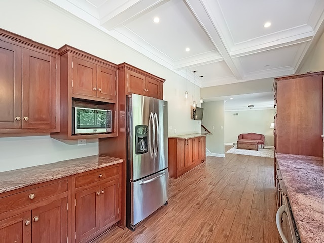 kitchen featuring appliances with stainless steel finishes, coffered ceiling, beam ceiling, and light hardwood / wood-style floors