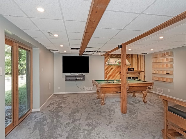 playroom with pool table, carpet floors, and a drop ceiling