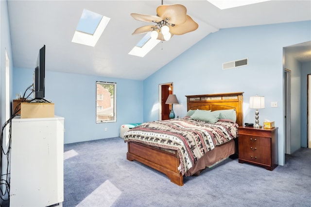 bedroom with lofted ceiling, light carpet, and ceiling fan