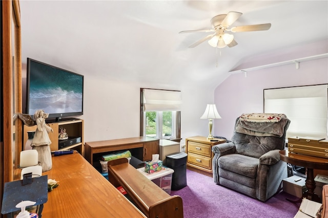 sitting room featuring lofted ceiling, ceiling fan, and carpet