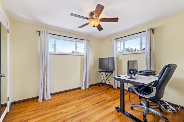 office space with ceiling fan and light hardwood / wood-style floors