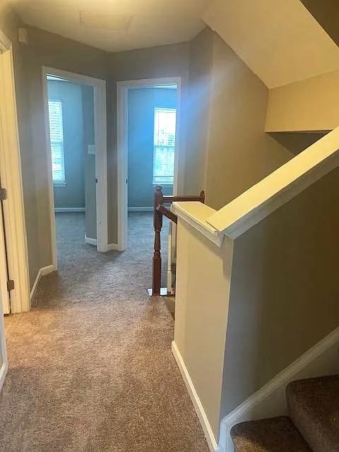 corridor featuring carpet floors and vaulted ceiling