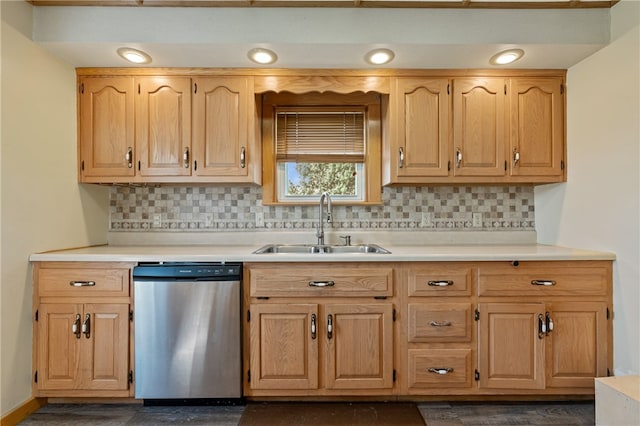 kitchen with tasteful backsplash, stainless steel dishwasher, and sink