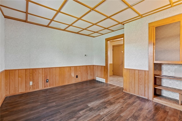 spare room featuring wood walls and dark wood-type flooring