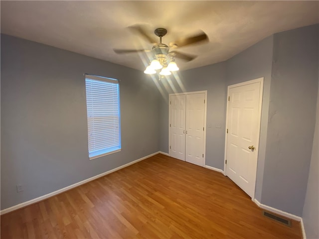 interior space featuring ceiling fan and hardwood / wood-style flooring