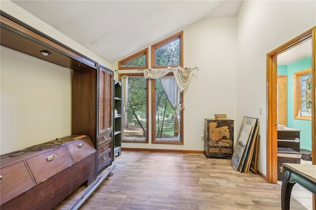 interior space with vaulted ceiling and light hardwood / wood-style floors