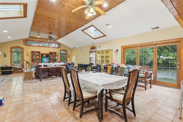 dining room featuring plenty of natural light, ceiling fan, wooden ceiling, and vaulted ceiling with skylight