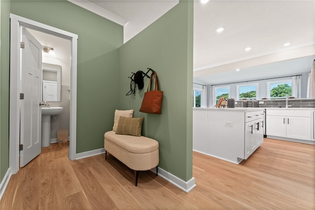 interior space featuring sink and light hardwood / wood-style flooring