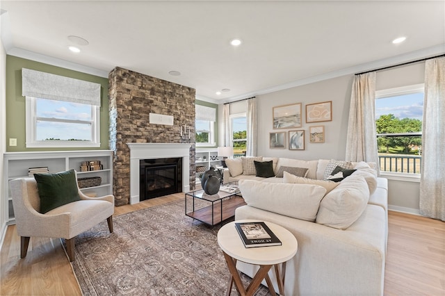 living room with crown molding, light wood-type flooring, and a fireplace