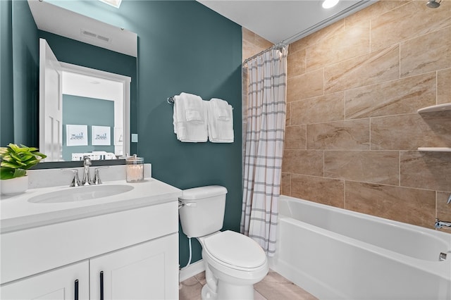 full bathroom with tile patterned flooring, vanity, toilet, and shower / bathtub combination with curtain