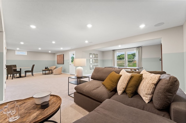 living room featuring light carpet