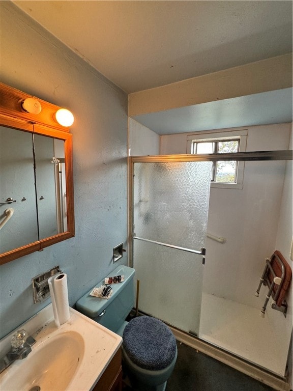 bathroom with walk in shower, toilet, and vanity