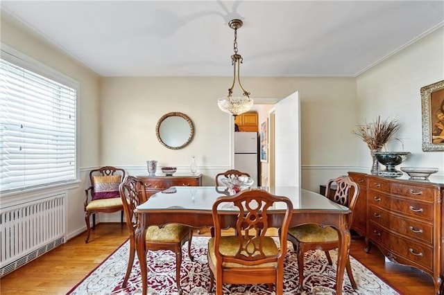 dining space with radiator, light hardwood / wood-style flooring, and a chandelier