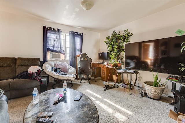 carpeted living room with cooling unit