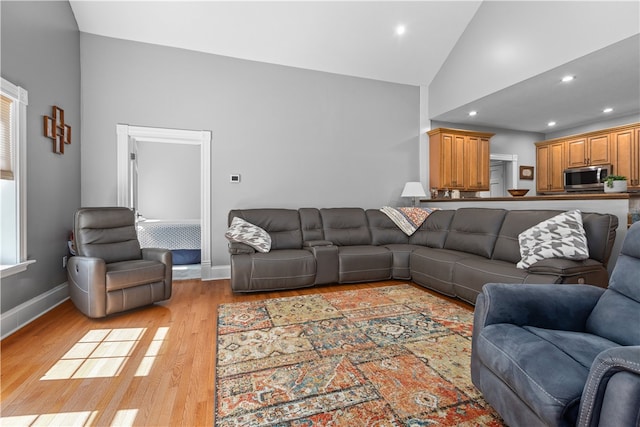 living room featuring light hardwood / wood-style floors and high vaulted ceiling