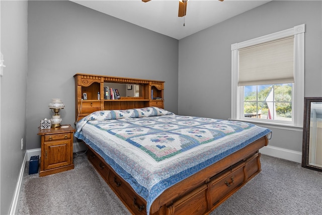 bedroom with light carpet and ceiling fan