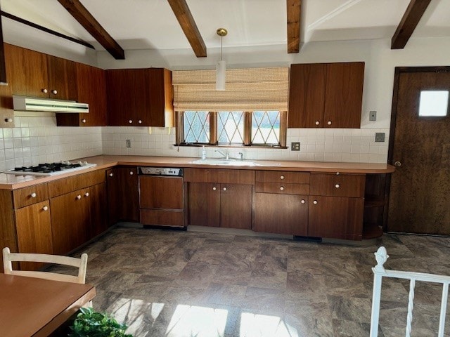 kitchen with beam ceiling, white gas stovetop, dishwashing machine, sink, and decorative light fixtures