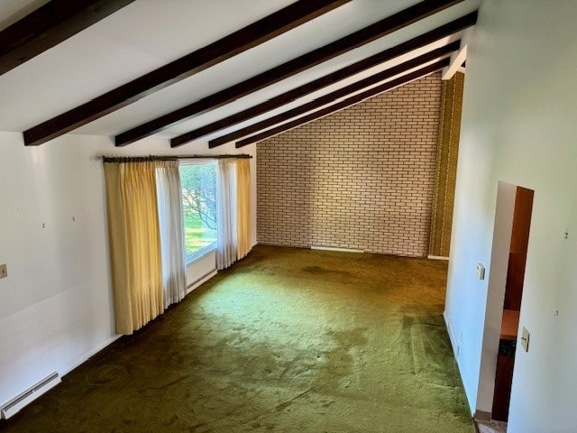 bonus room with lofted ceiling with beams, dark carpet, brick wall, and a baseboard radiator