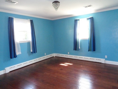 spare room featuring crown molding, dark hardwood / wood-style floors, and a baseboard radiator