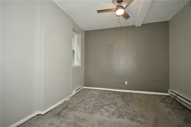 carpeted spare room with a textured ceiling, a baseboard radiator, and ceiling fan