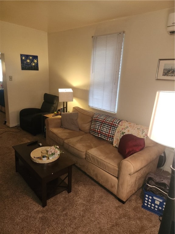 carpeted living room with a wall unit AC