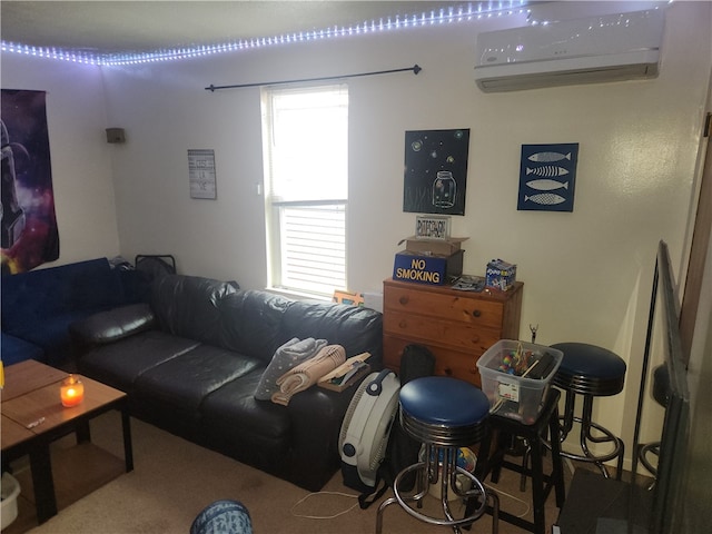 carpeted living room with a wall unit AC